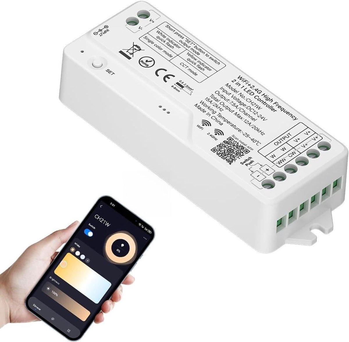 LED controller 2in1 WiFi 2.4G RF - Hoge frequentie PWM dimmer - Flikkervrij en stil - Compatibel met Alexa en Tuya - ShopVlot