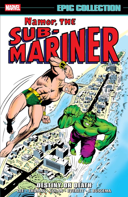 Marvel Epic Collection Namor, The Sub-Mariner: Destiny or Death. Namor en The Hulk vliegen boven een stad aan zee.