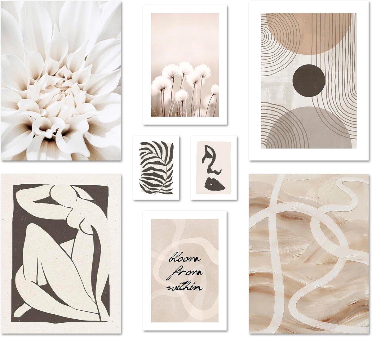 Poster set abstract zwart kunst - 8 moderne wanddecoraties - zwart-wit beige - uniek voor woonkamer of slaapkamer - ShopVlot