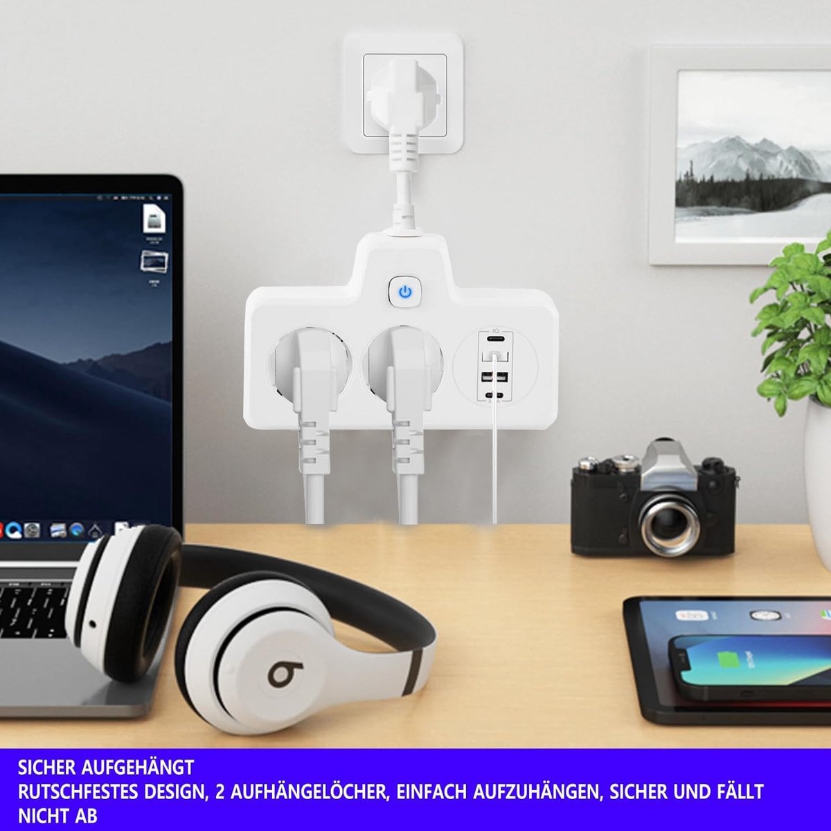 Stekkerdoos met aanraak-nachtlampje - 2-voudige stekker uitbreiding - 4 USB-poorten - veilig opladen voor thuis - ShopVlot