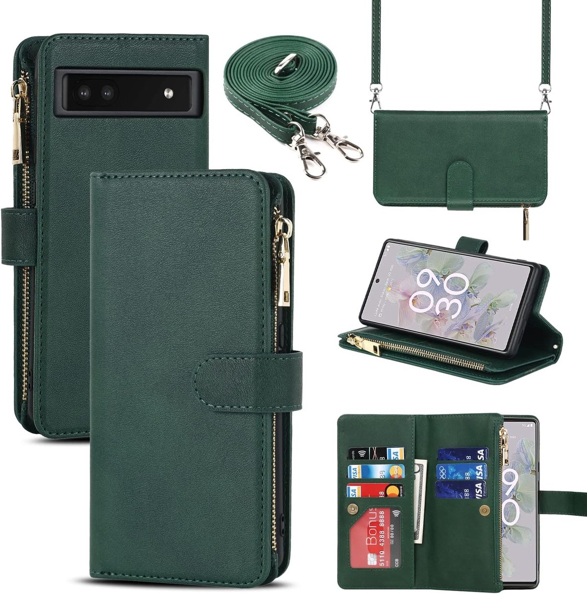 Mobiele telefoonhoes Crossbody Case - Donkergroen leer - 9 slots - Bescherming en gebruiksgemak - ShopVlot
