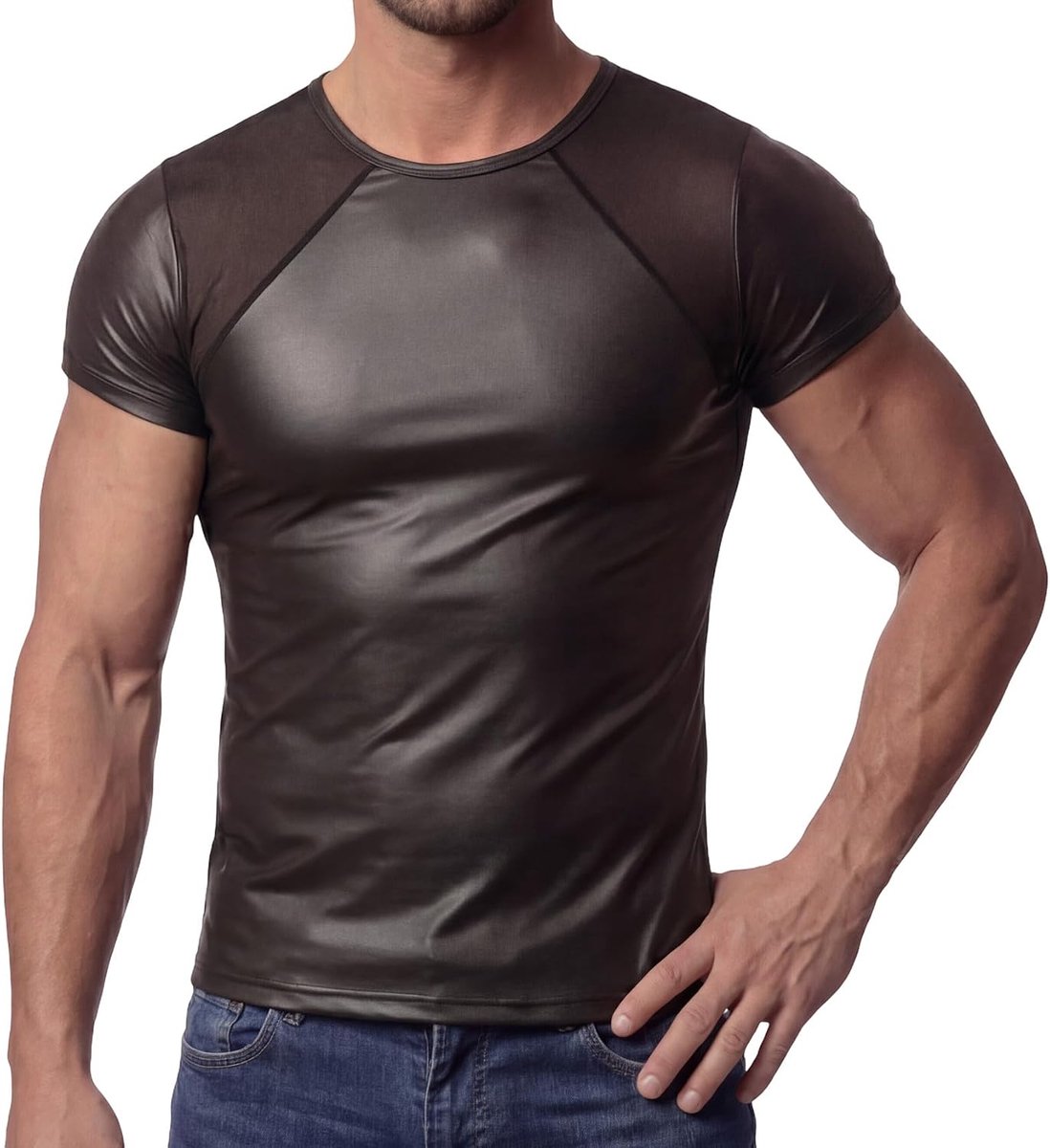 Heren latex-look shirt M - mesh-inzetten - sexy uitstraling - perfect voor feesten - SnelShoppen