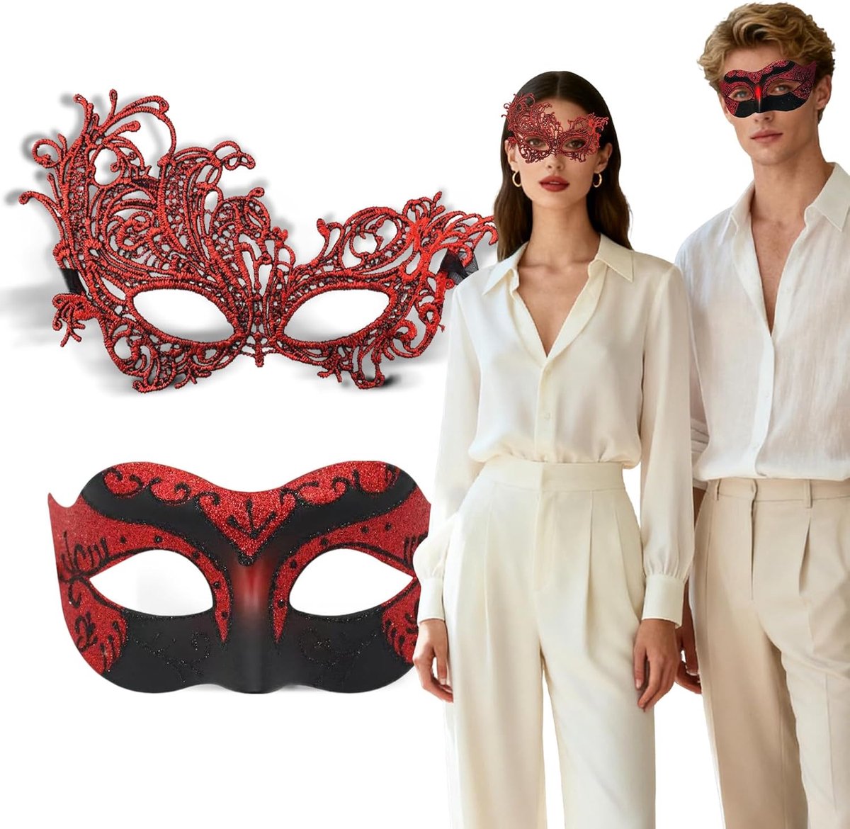 Venetiaans masker set - 2 stuks - goud/zwart/rood - voor Halloween of carnaval - SnelShoppen