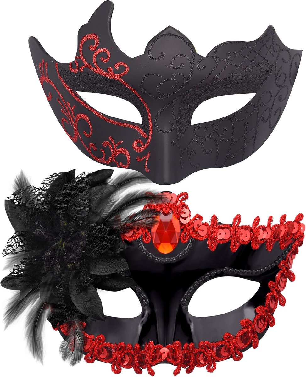 Thijox - Venetiaans maskerademasker voor dames en heren - 2 stuks - Perfect voor Halloween, carnaval en feestkostuums - Elegante zwart/gouden design