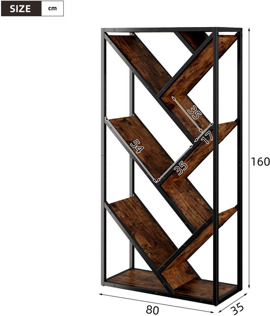 DESMIU Boekenkast - Boomvormig Open Wandrek Met Anti Kantel - 80 X 35 X 160 Cm - MDF En Staal - Zwart Bruin - Voor Woonkamer En Werkkamer — afbeelding 5