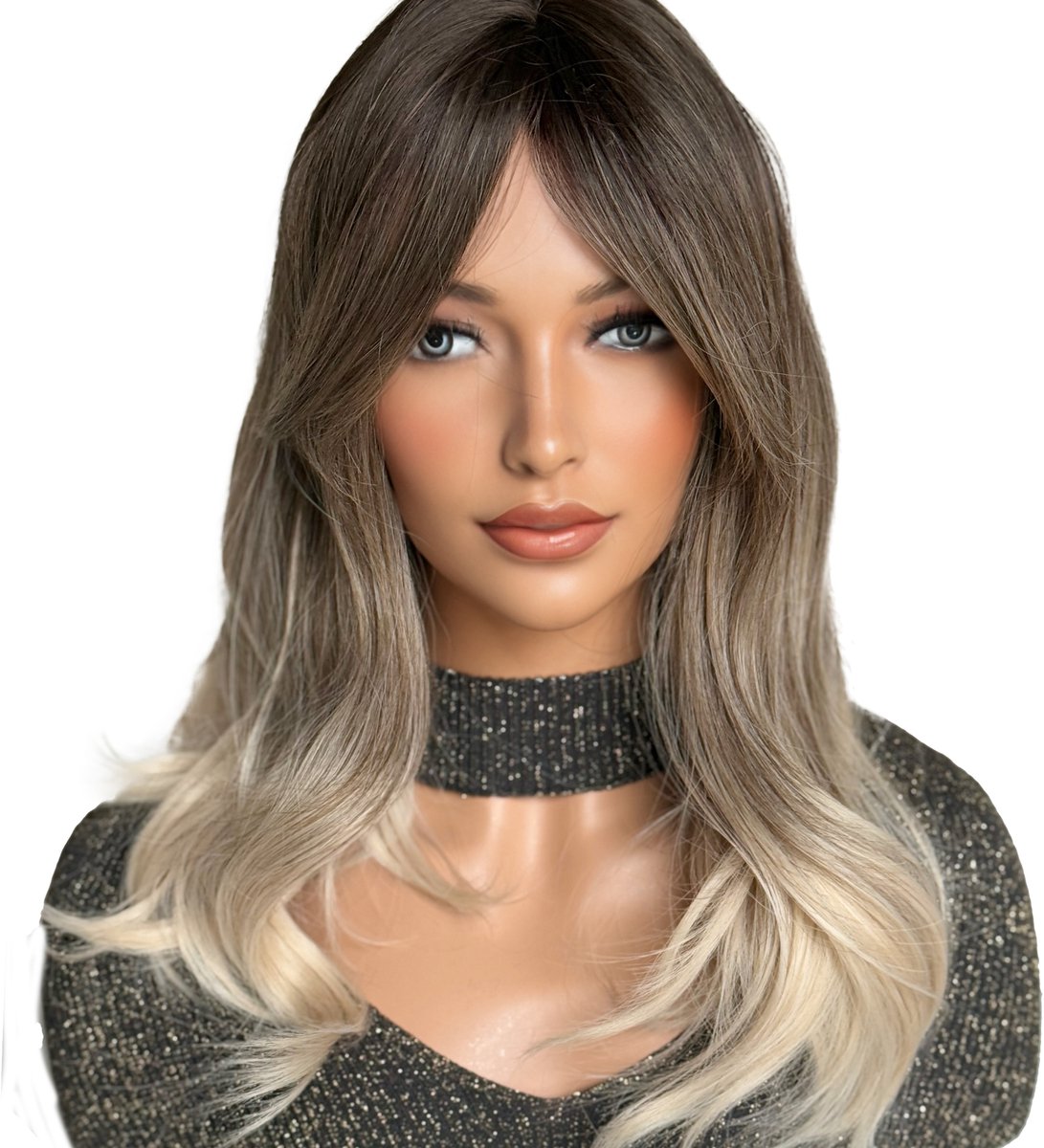 Synthetische Ombre Pruik - Lichte Golf Blond Bruin Met Pony