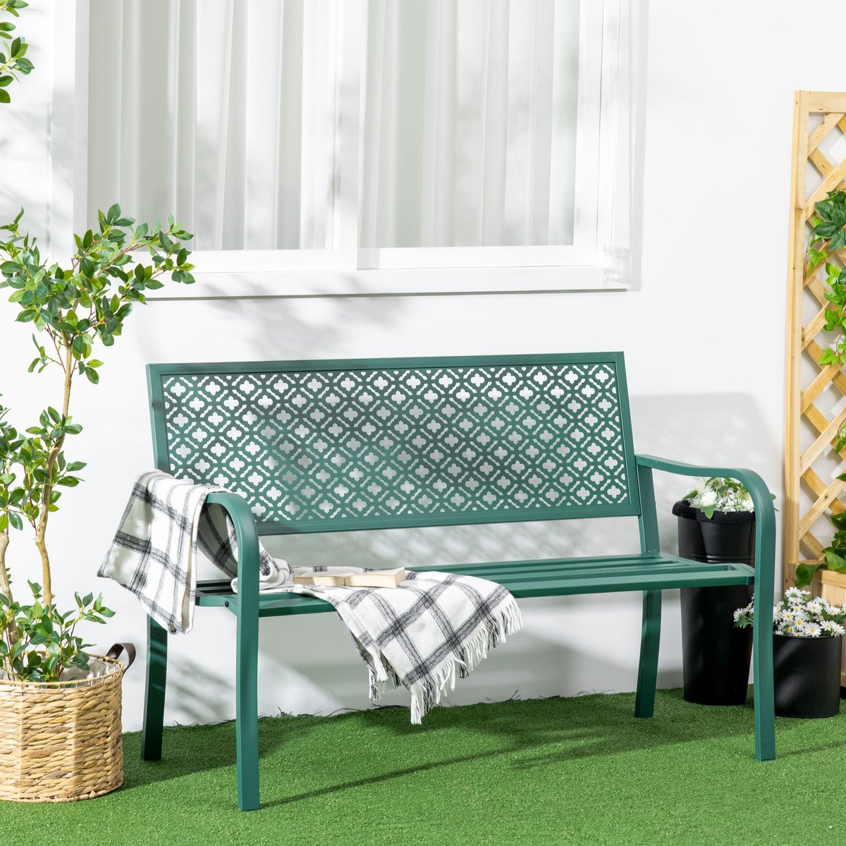 DESMIU Tuinbank 127 Cm - 2-Zits Met Rugleuning En Armleuningen - Voor Terras, Tuin En Balkon - Staal Donkergroen