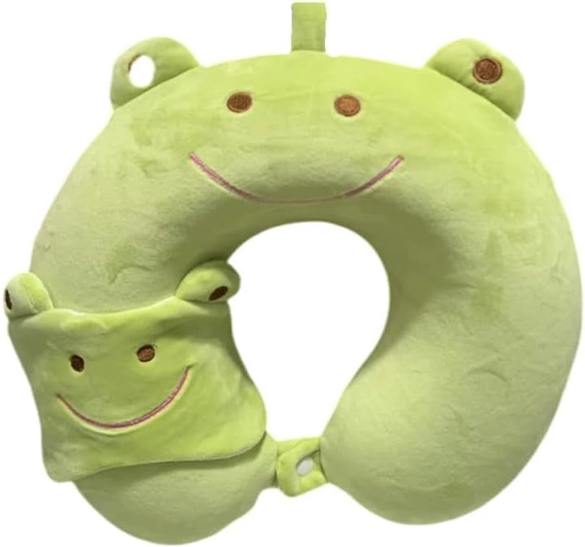Reiskussen met cartoon-dier voor het vliegtuig, met oogmasker, traagkatoen, nekkussen, hoofdsteun, slaapkussen voor kinderen en volwassenen, thuis en op kantoor (kikker)