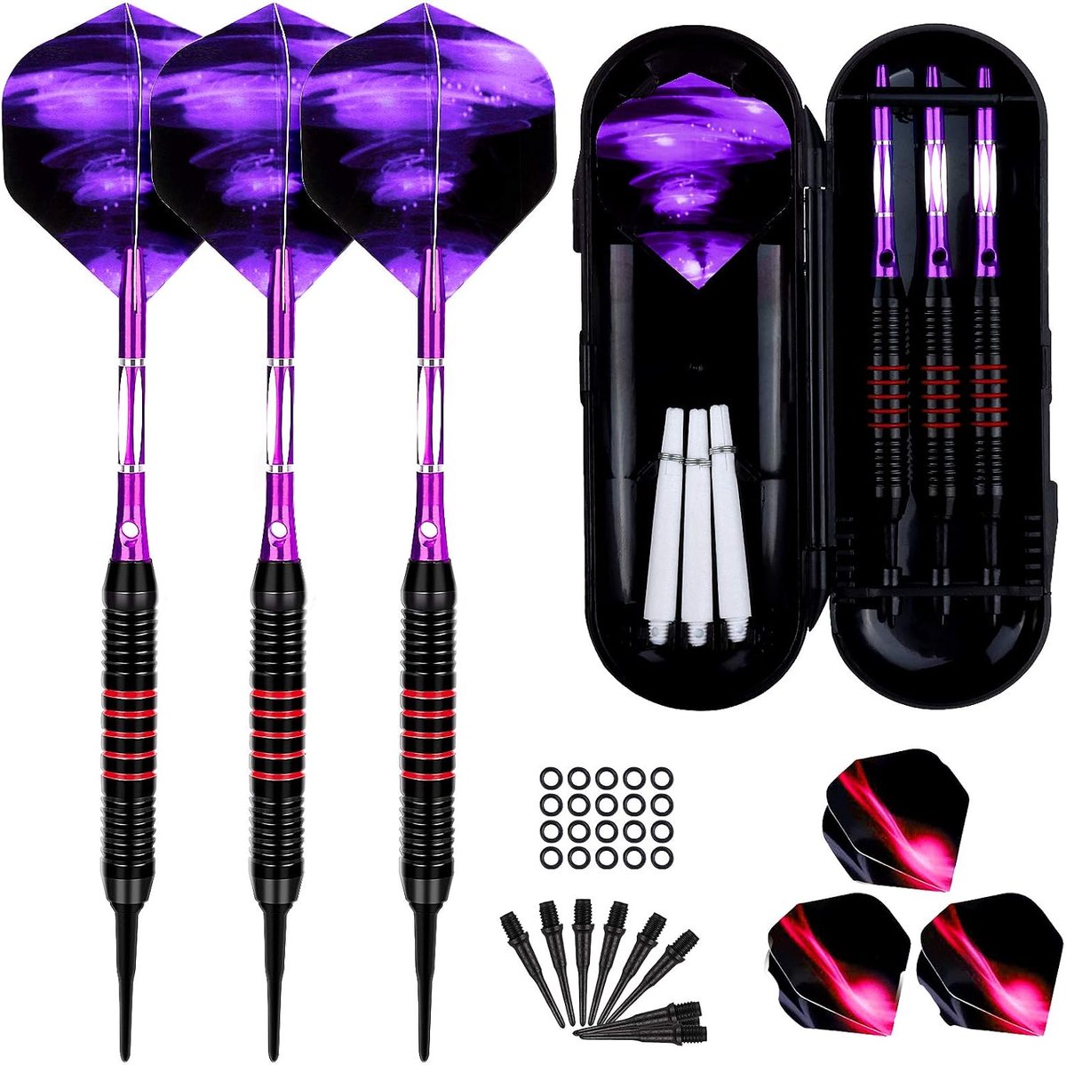 Dartpijlen met kunststof punt voor elektronisch dartbord, 3 stuks soft darts pijlen, 18 gram professionele softdarts dartpijl en extra schachtflights, anti-losse rubberen ringen