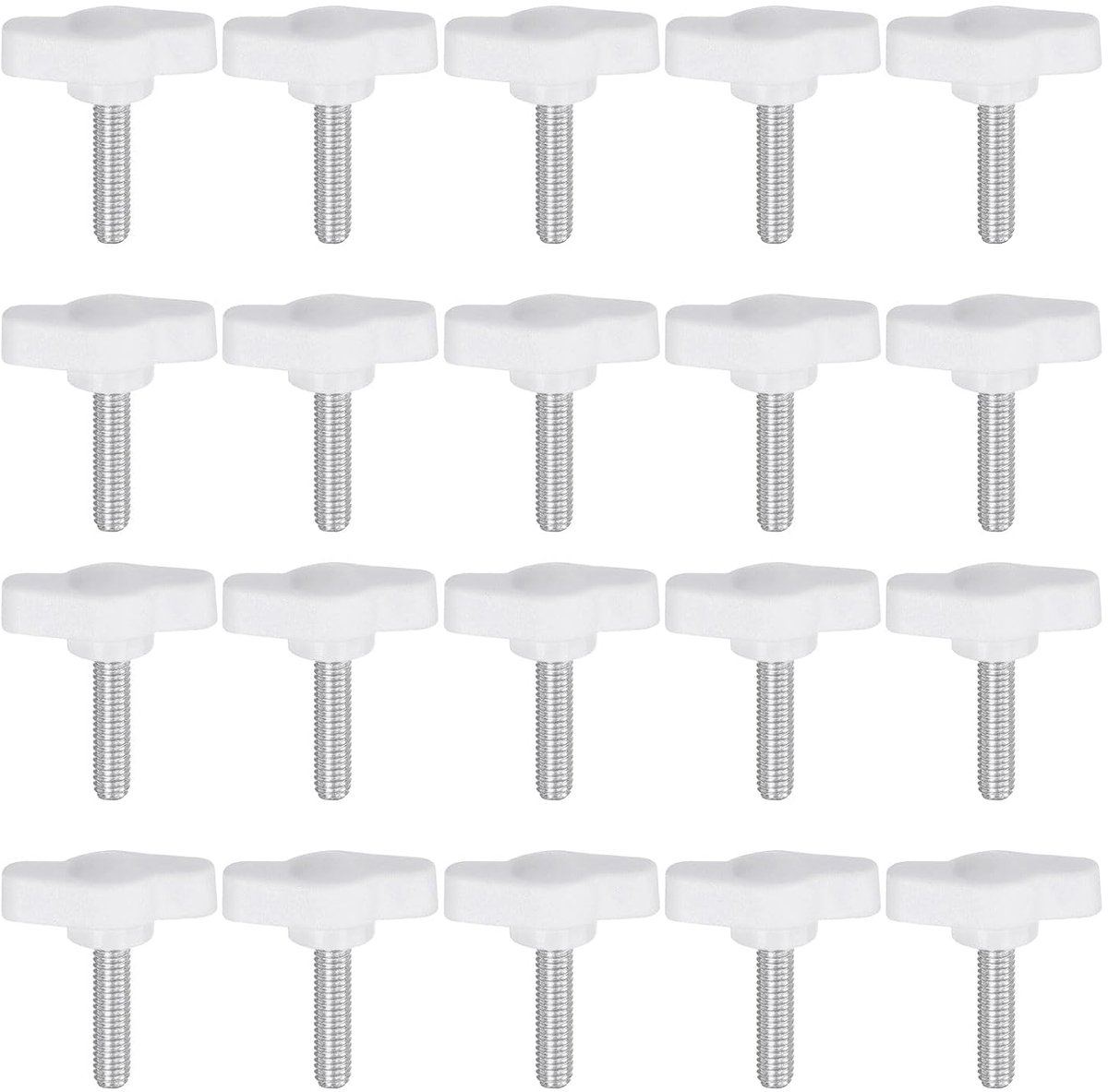 20 stuks T-vleugelknoppen oorschroeven M5 x 20 mm standaard mannelijke schroefdraad kunststof T-knoppen handgrepen handmatige klemknoppen handvat kartelschroef, wit