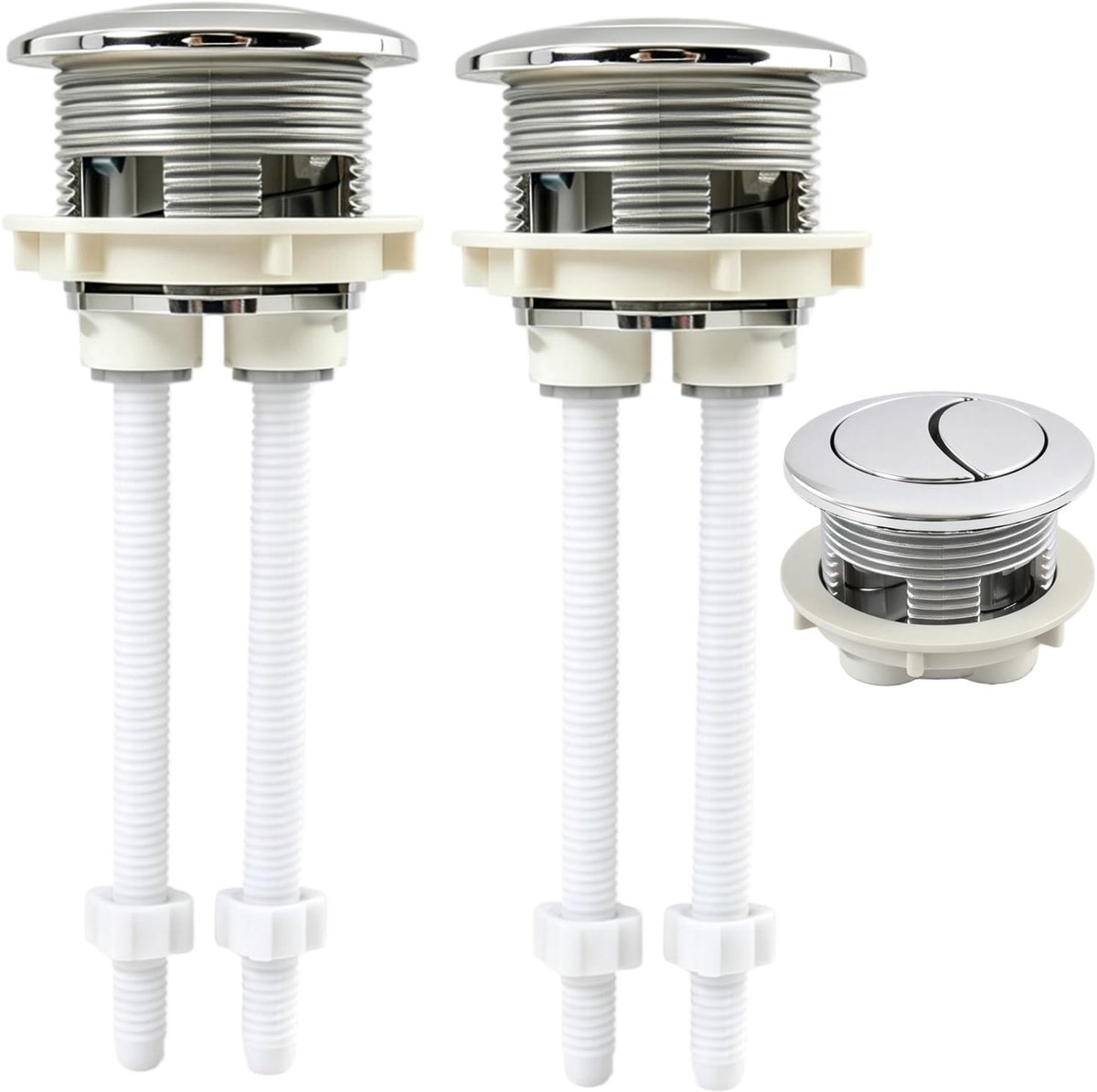 Set van 2 universele spoelknoppen 40 mm dubbele spoeling, zuinig voor toilet, gatdiameter 37-44 mm, eenvoudige installatie zonder gereedschap, zilverkleurig design