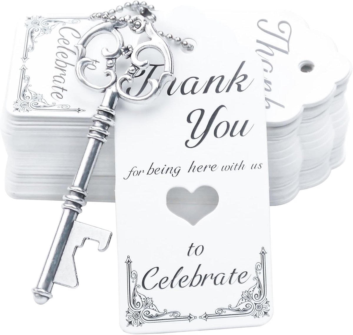 52 stks Vintage Skelet Sleutel Flesopener Rustiek Bruilofts Gunsten Gast Souvenir Cadeauset met Bedanktag en Sleutelhanger (Antiek Zilver)