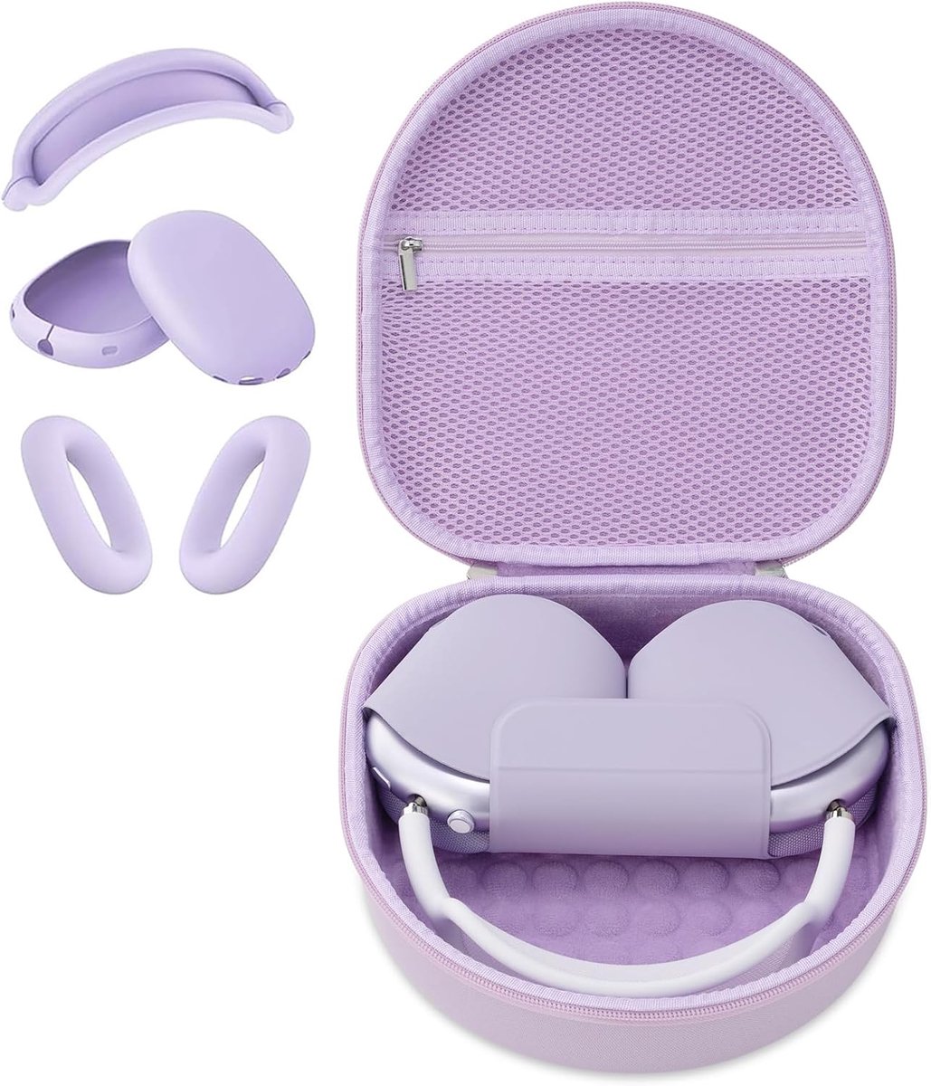 Tas compatibel met Apple Airpods Max-hoofdtelefoon, Eva harde hoes voor het opbergen van hoofdtelefoon voor reizen en buiten (paarse hoes en siliconen hoes)
