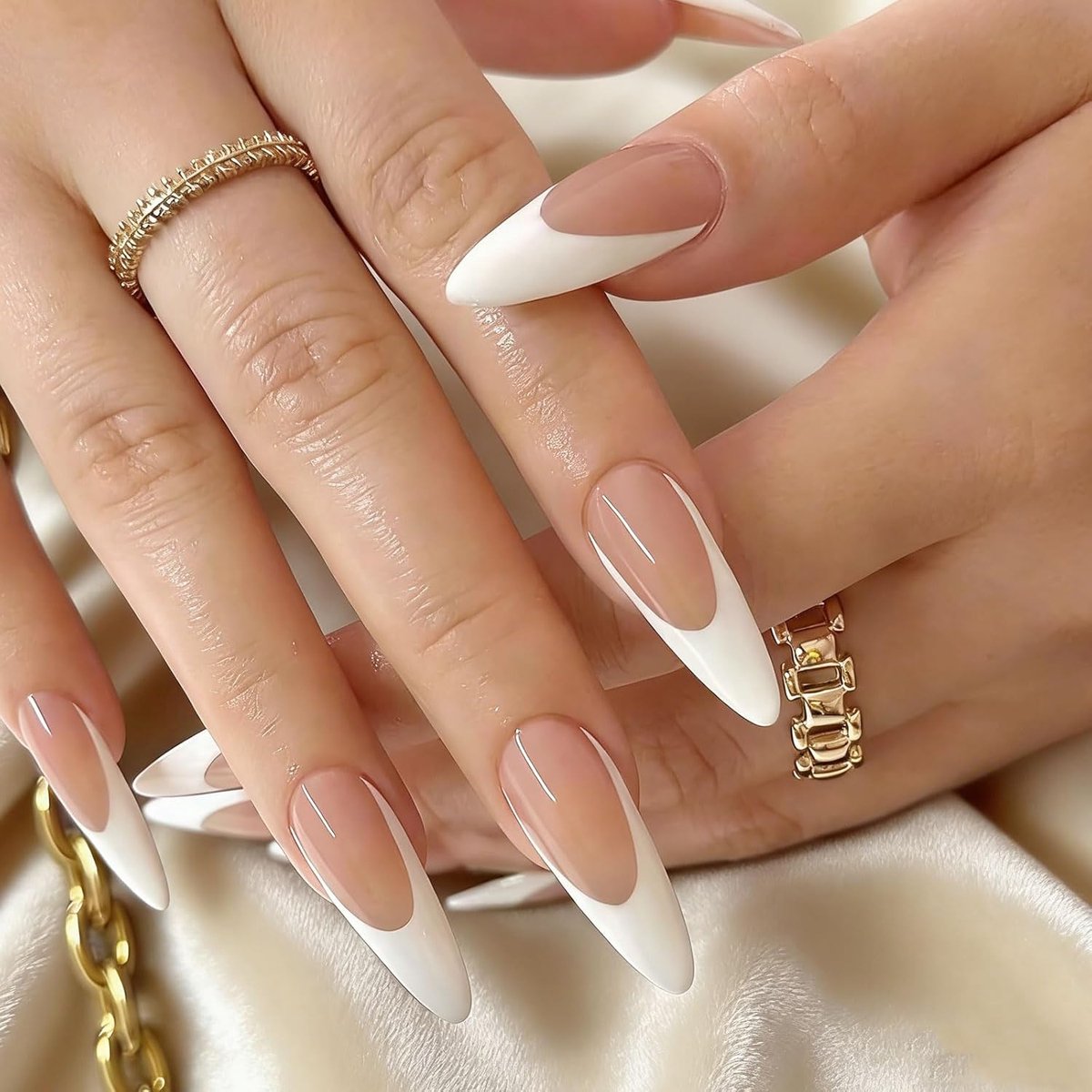 24 stuks extra lange amandelvormige opplaknagels witte Franse tip nepnagels glanzend volledige bedekking plaknagels voor vrouwen