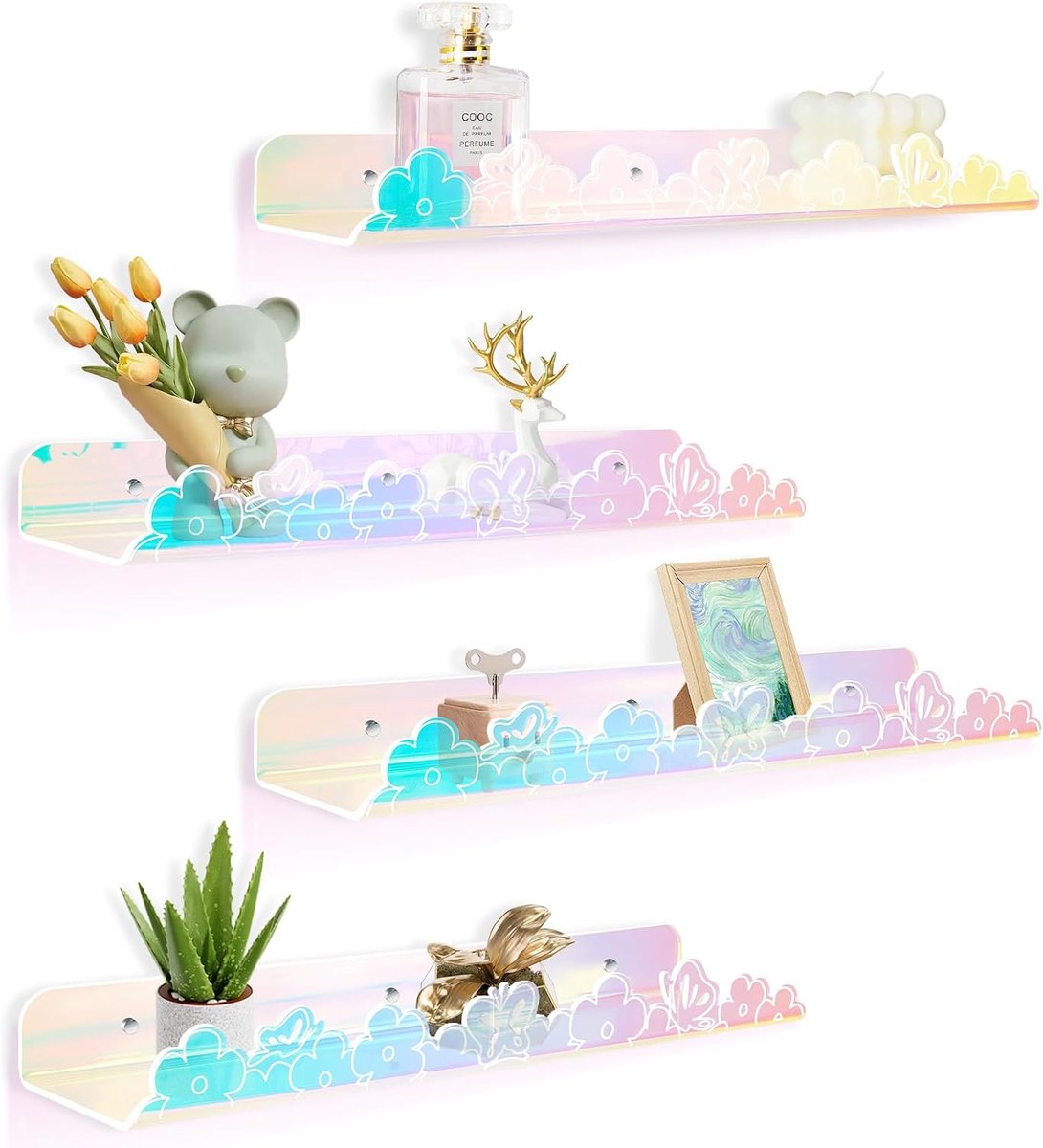 Zwevende wandplanken, 4 stuks 39,9 cm x 8,9 cm zelfklevende acrylplanken organizer voor boek, speelgoed, foto, make-up, wandgemonteerde kinderopslag voor badkamer, slaapkamer, kinderkamer