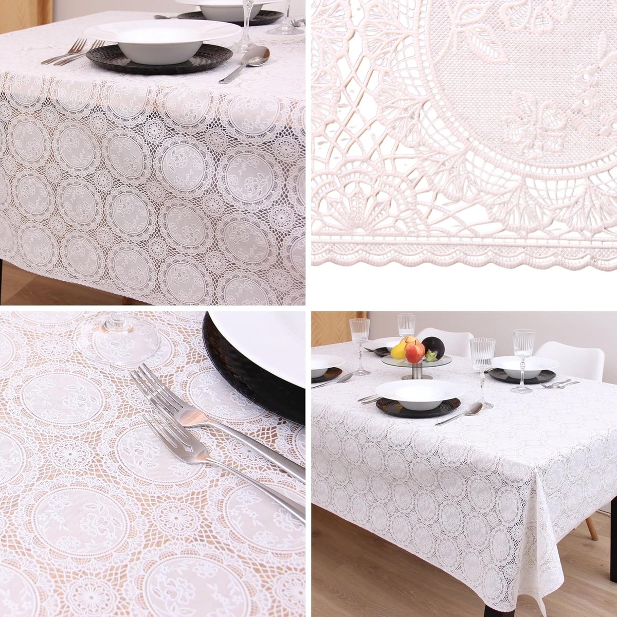 Home Tafelkleed Wipe Clean Vierkant 200 x 137 cm - Waterdicht PVC Tafelkleed voor Binnen- en Buitengebruik - Waterdicht PVC Olie Doek Tafelbeschermer, Vinyl met Witte Medaillon Kant Ontwerp