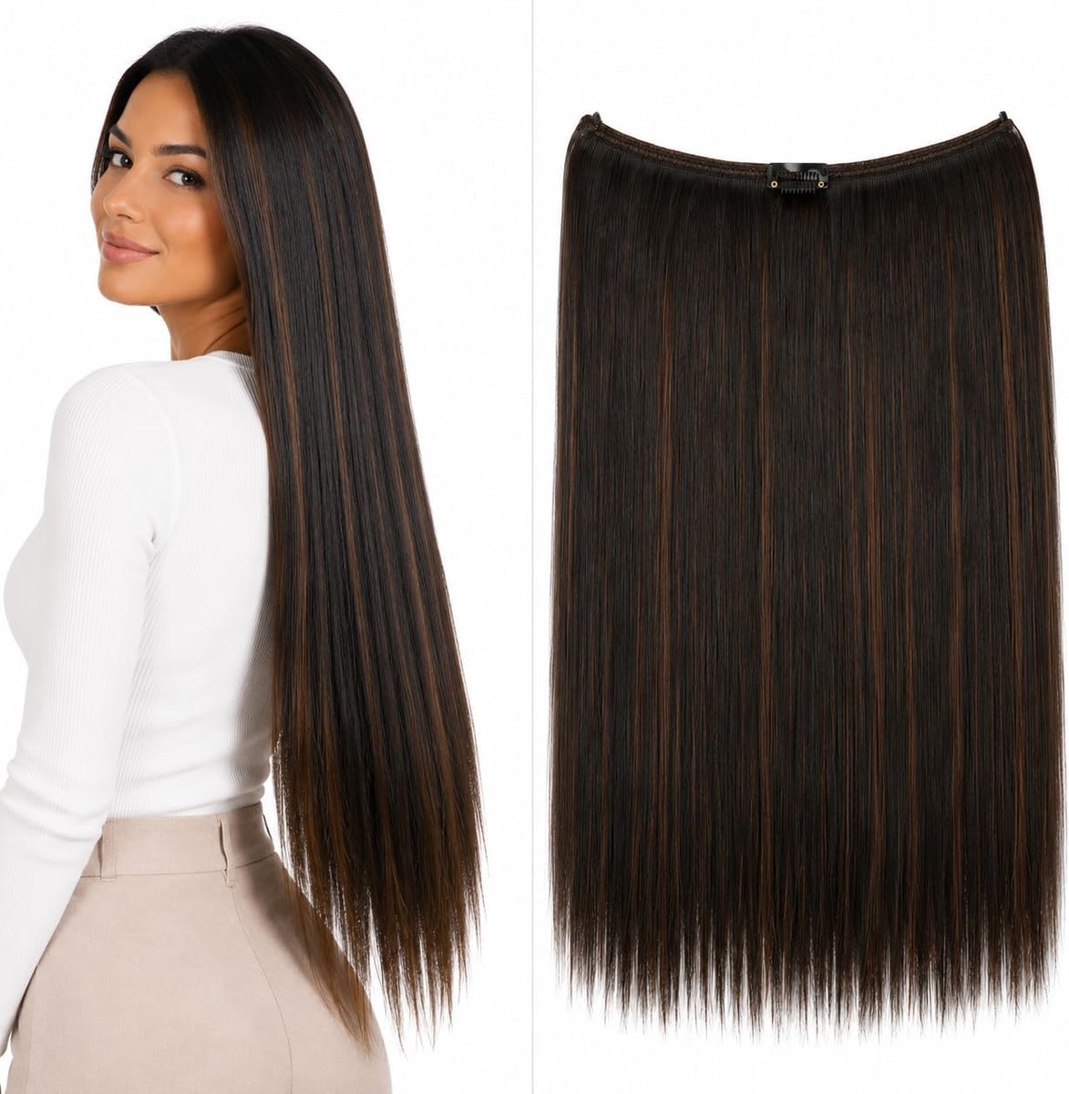 50cm 1 Inslagverlenging Met Elastische Band Haarverlenging Haarstukje Glad Hittebestendig zwartbruin Bruine Highlights E122