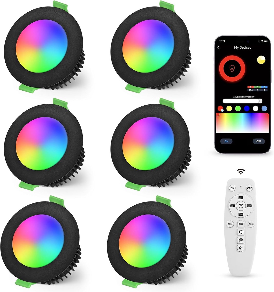 LED-inbouwspot RGB 5W 230V IP44 2700-6500K 65-80MM 6PCS Zwart | YindaLux 500LM Inbouwlamp Dimbaar besturing via App & afstandsbediening LED Spots voor badkamer en woonkamer