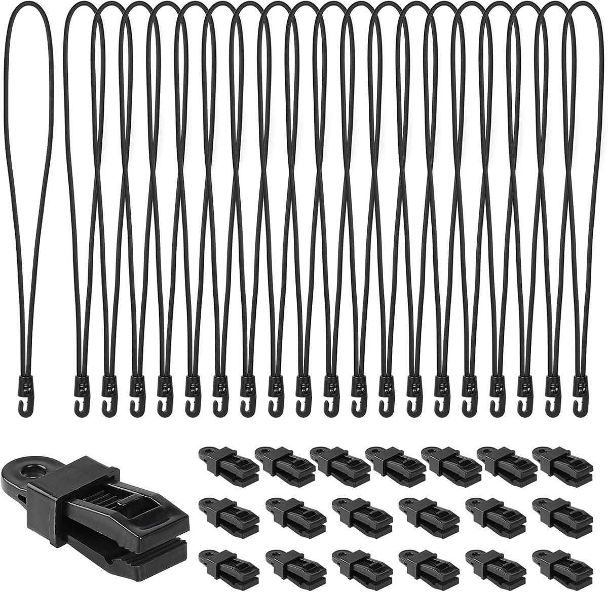 20 stuks spanrubber met haken + zeilclips, expander met haken 25 cm, zeilspanner met tarpclips zwart voor tentrubbers, zeilen, netten, banners, camping, aanhangerdoek en banners