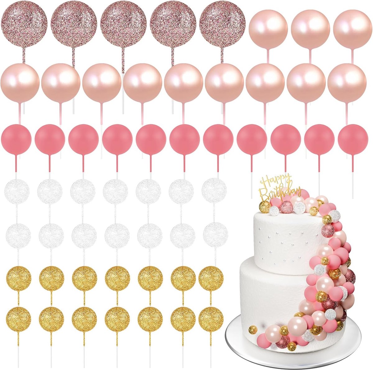 60 stuks, taarttoppers, mini-ballonnen, verjaardag, feest, babyshower (glitter roze-goud-wit)