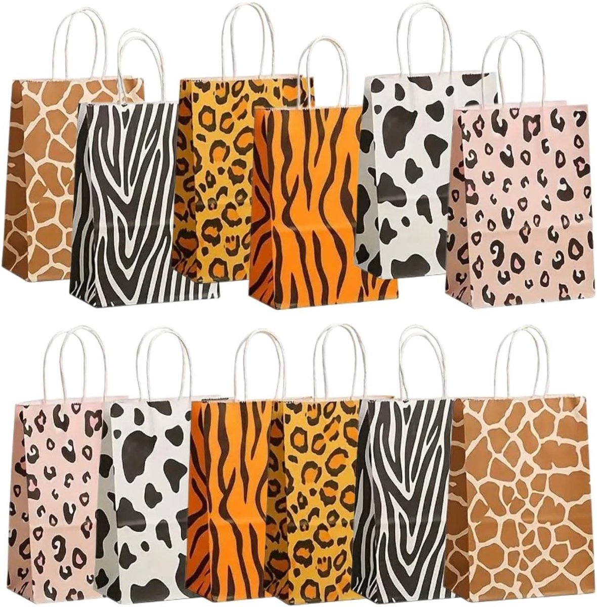 Goodiebags dierenprint 12 stuks - stevig kraftpapier - met handvatten - perfect voor feestjes - SnelShoppen