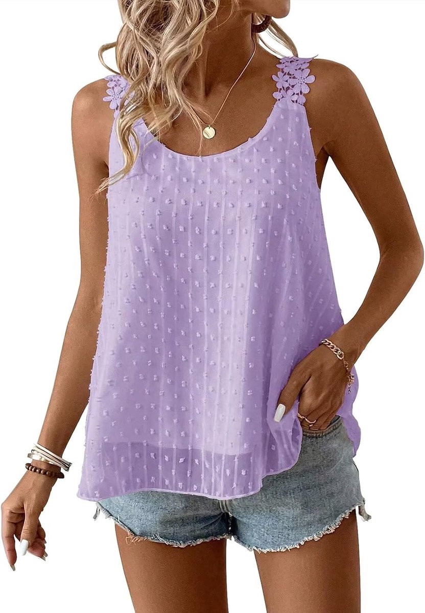 Tank Top Dames Zomer Boho Blouse Mouwloos Tops Vloeiend Elegant Ronde Hals Bloemen Camisole Casual Kant Outfits