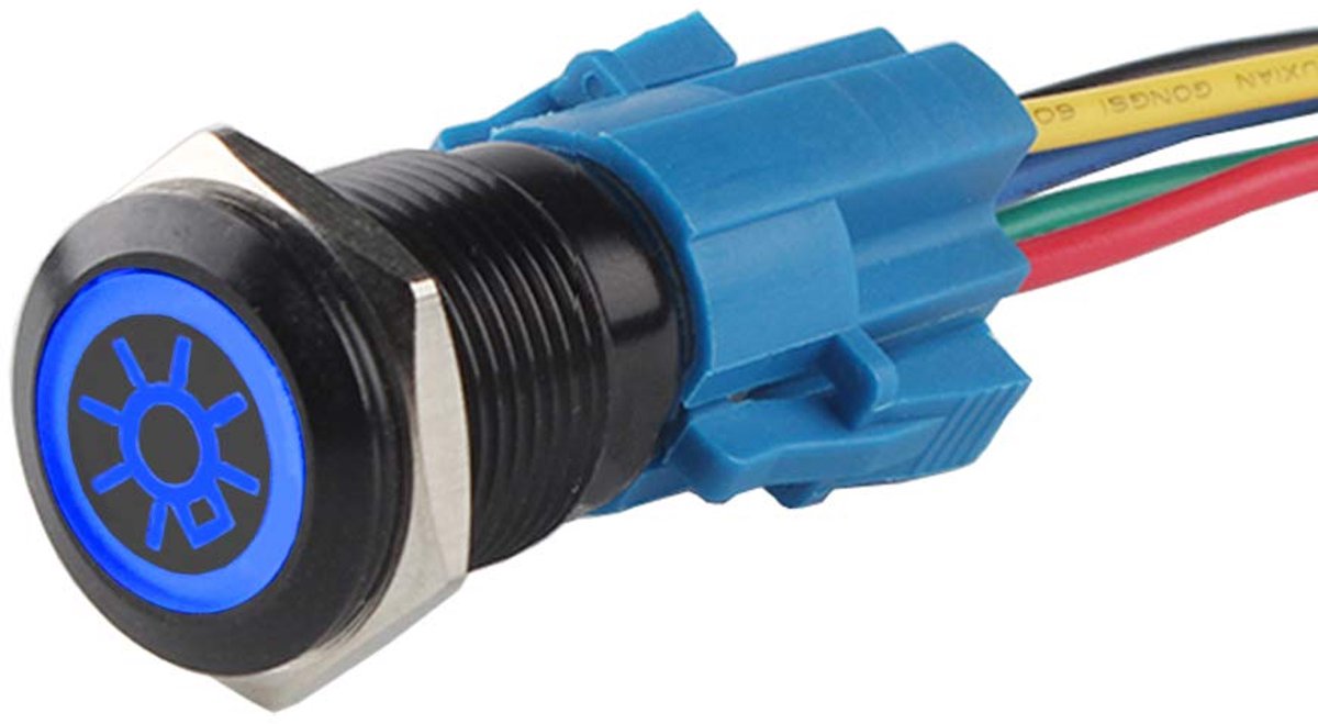 Zwarte Schaal 19mm 12V 5A Auto Vrachtwagen Tuimelschakelaar Drukschakelaar Schakelaar Blauw Licht Koplamp Wipschakelaar AAN/UIT Waterdichte Stekker Draad