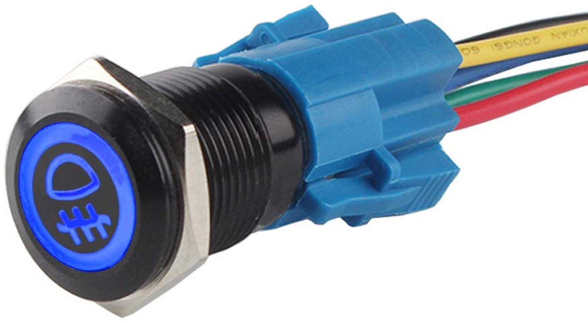 Zwarte Schaal 19mm 12V 5A Auto Vrachtwagen Tuimelschakelaar Drukschakelaar Schakelaar Blauw Licht Mistlicht Wipschakelaar AAN/UIT Waterdichte Stekker Draad
