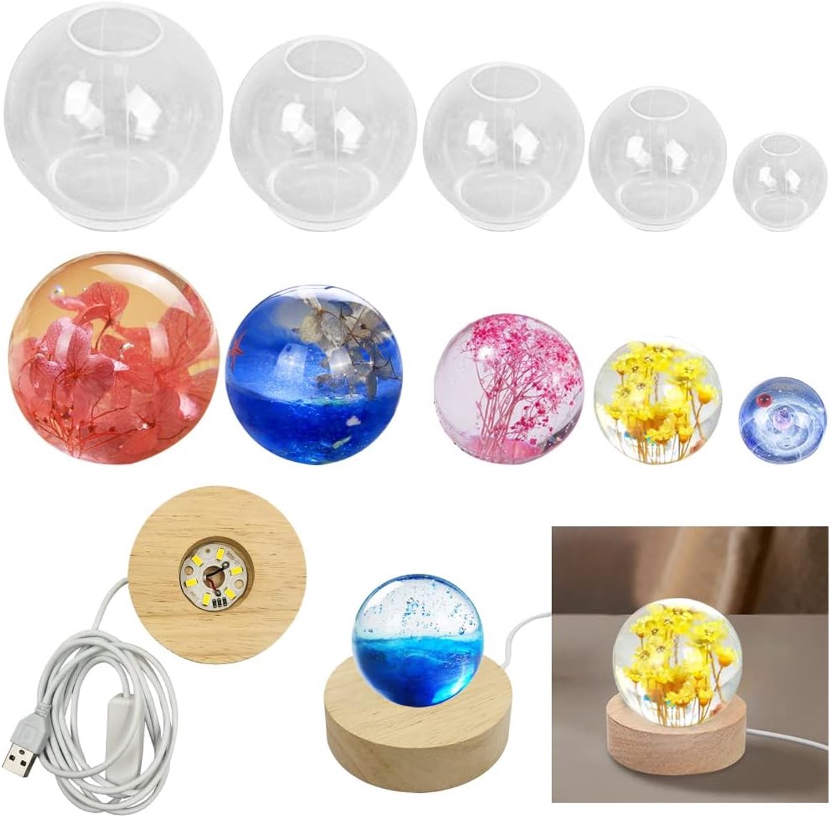 5 stuks doorzichtige siliconen kogelvormen, AFUNTA 3D bol siliconen hars mal ronde bal epoxyhars mal met USB-aangedreven verlichte basisstandaard, voor sieraden maken, woondecoratie