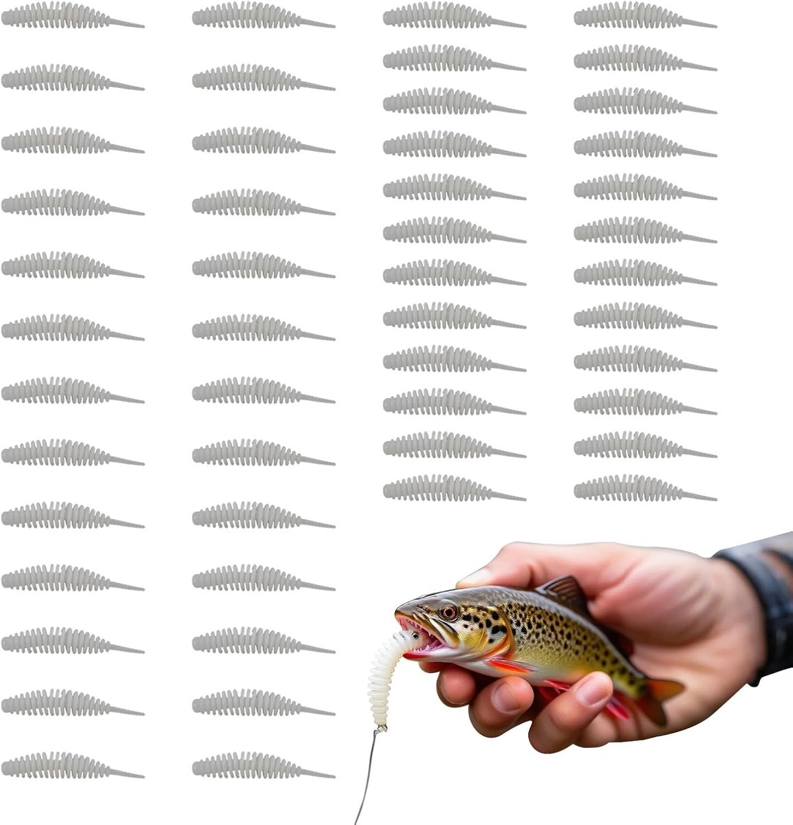 Verleidingsrubberset, 50 stuks, UV-actieve rubberen verleiding, trout visserij, knoflookgeur, verleidelijke loop en duurzaamheid, geheime wapen voor vissers, ideaal voor mobiele vissers