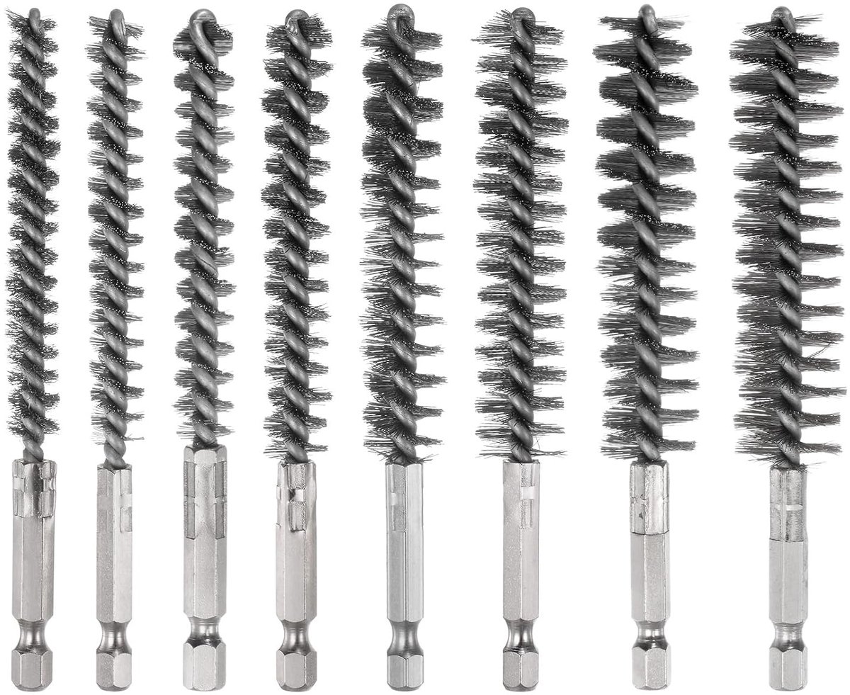 8 borstels voor boringen van roestvrij staal, 8 mm, 9 mm, 10 mm, 11 mm, 13 mm, 15 mm, 17 mm, 19 mm, handvat voor het reinigen van buizen van gevlochten staal met zeskantige aansluiting 1/4