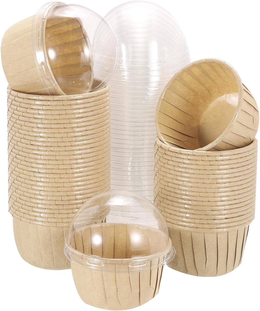 50 stuks aluminiumfolie cupcakevormpjes met deksels, vetbestendige muffins bakken cupcakes voor huwelijksverjaardagsfeest decoratie, khaki (rond)