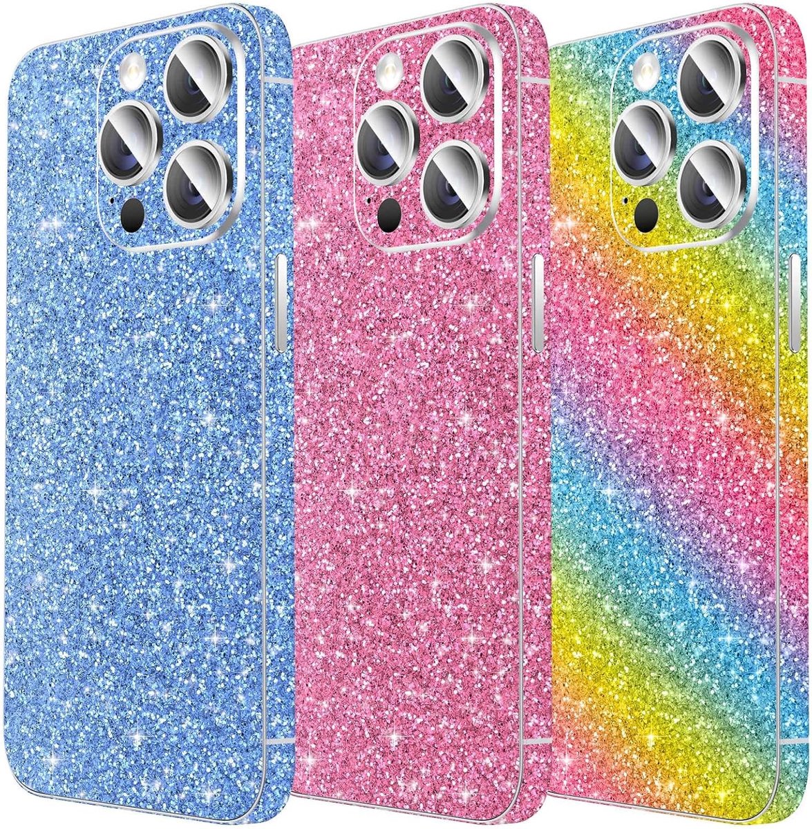 3 Stuks Huid Beschermer voor iPhone, LucBuy Glanzende/Vezel/Steen Textuur Volledige Dekking Randen Sticker, Glinsterende Precise-Fit Achterkant Beschermer, Telefoondecoraties voor iPhone 11