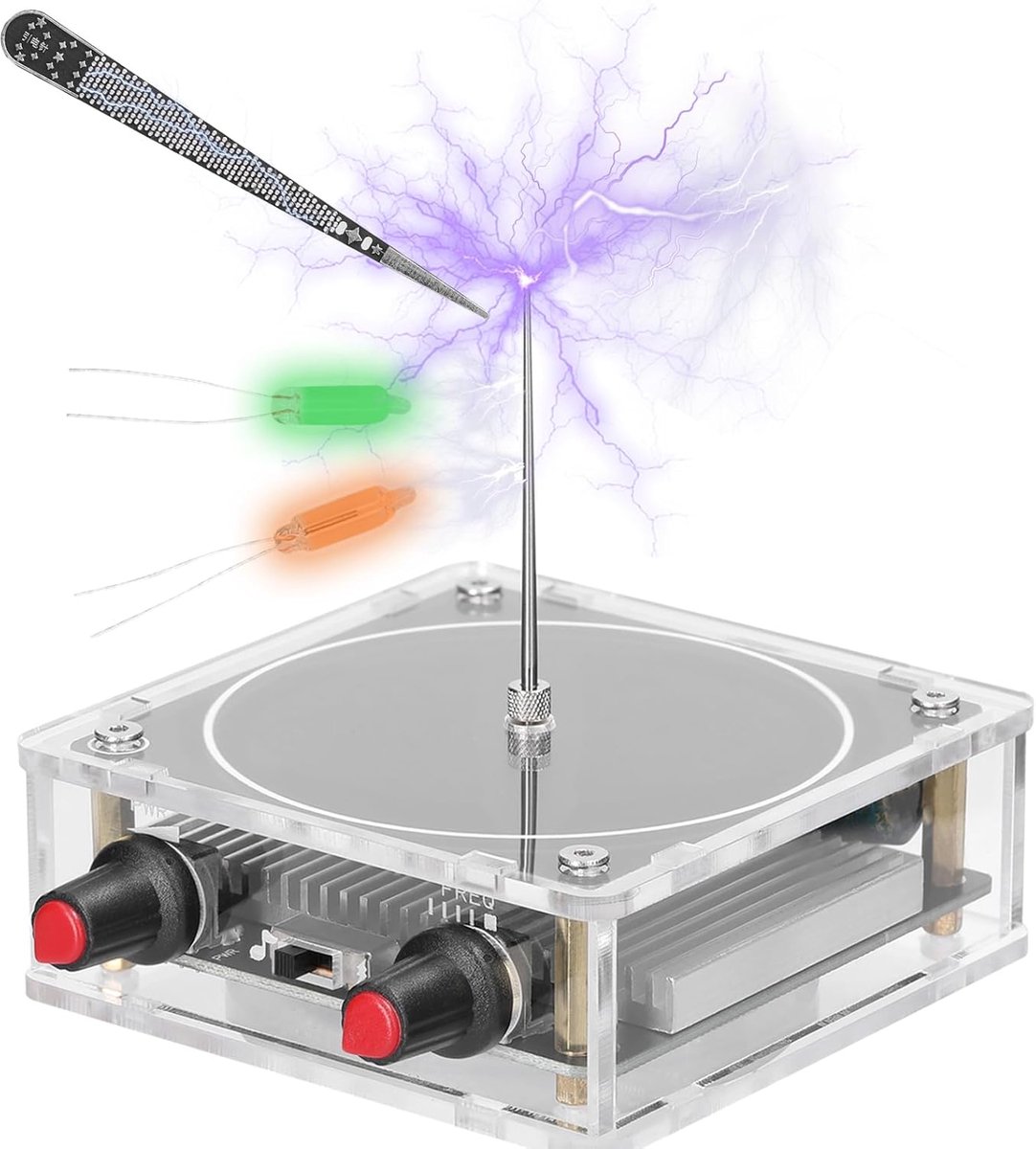 BT-Version Mini Tesla spoelset, draadloze gloeilamp Tesla Coil, elektrisch vermogen, draadloze transmissiemodel, elektrische lange boog 10 cm ontstekingsfrequentiegenerator, met gloeilamp x 2