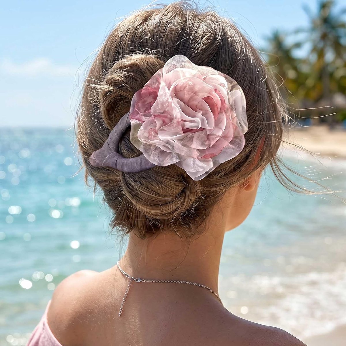 Roze bloem klauw clip voor vrouwen grote sterke grip antislip eendenclip voor dik haar Hawaïaanse tropische bloemen haarspeld strand zee feest (roze)