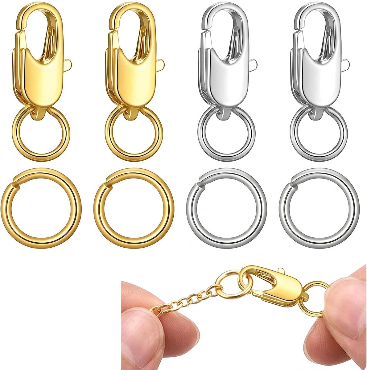 Verpakking van 4 Dubbele Lus Veerversluitingen, 12mm 14K Echt Goud & Wit Goud Verchroomde Koperversluitingen met Dubbele Gesloten Ringen - Ideaal voor DIY Sieraden Maken