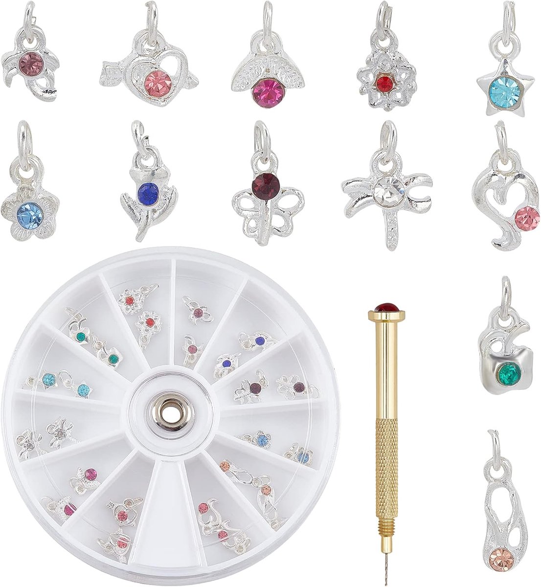 24-delige Dangle Nail Art Accessoires Nagel Sieraden Ringen met Nagel Piercing Tool Nagel Boor Legierung Handmatige Boor voor Tips, Acryl, Gels en Decoraties