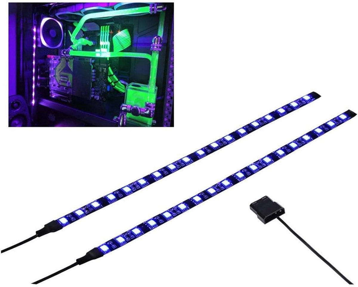 Paarse uv-ledstrip, computerverlichting, magneetverlichting, Molex-aansluiting, 2 stuks ledstrips voor pc-behuizing, verlichtingsset (30 cm)