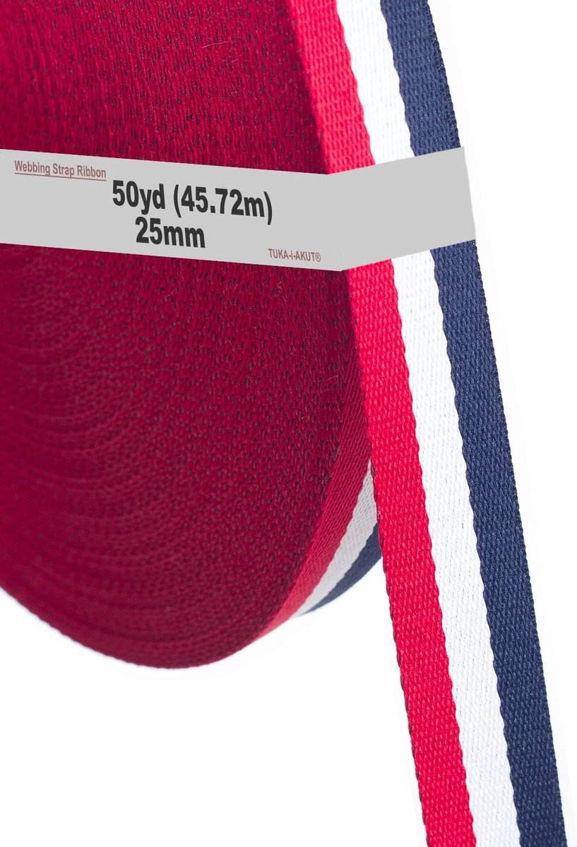 46 m x 25 mm kleurrijke polyester riem - dikte 1,3 mm - stoffen band riem voor tassen, rugzak, bagage, vrachtriemen, decoratie, doe-het-zelf... rood wit blauw TKB5074 redwhiteblue