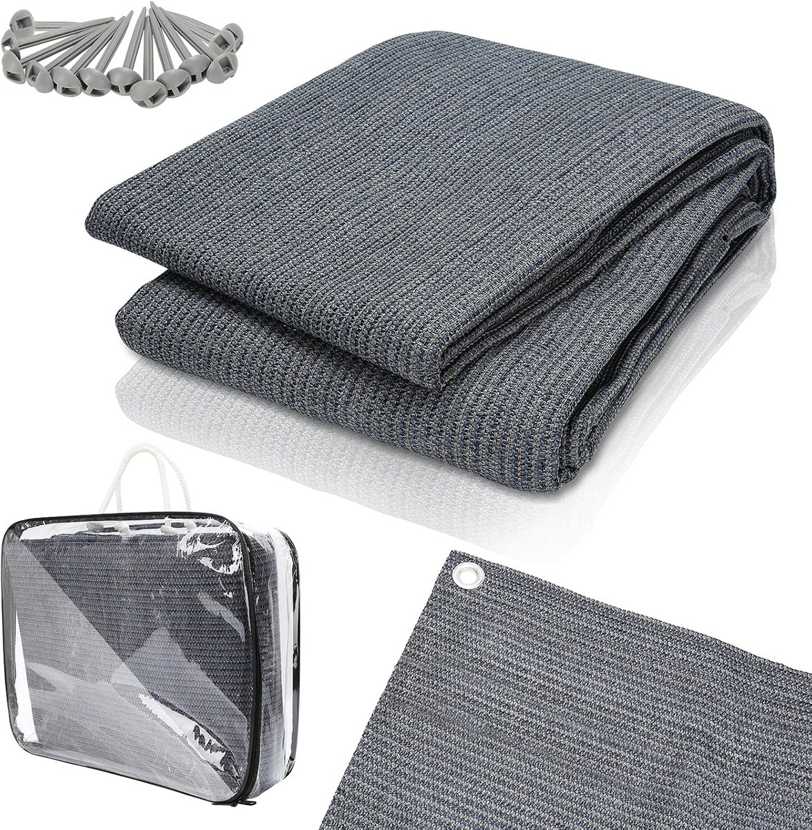 Voortenttapijt, luifeltapijt inclusief draagtas, met 12 gaten en 13 haringen, antislip, ademend, wasbaar campingtapijt, voortentvloer (grijs-blauw, 300 x 300 cm)