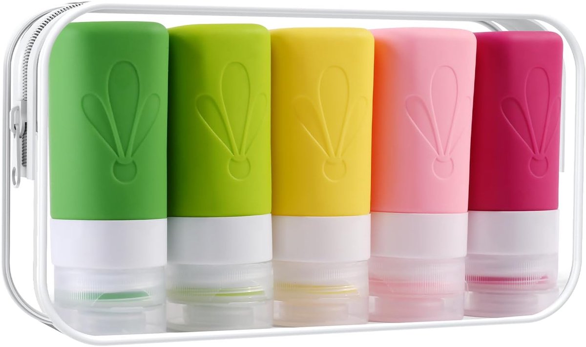 Set van 5 siliconen reisflessen, FDA-toegelaten 60 ml reisformaat, BPA-vrij, lekvrije, knijpbare siliconen slangen voor shampoo, spoeling, lotion, zeep met etiketten