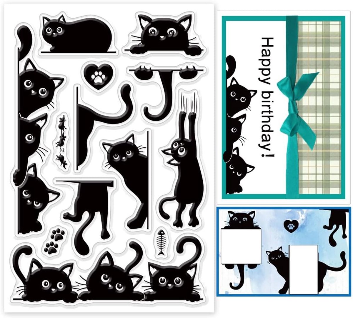 Zwarte kat siliconen stempel kattenrand transparante stempel cartoon dier kompas duidelijke stempels voor kaarten maken DIY scrapbooking knutselen