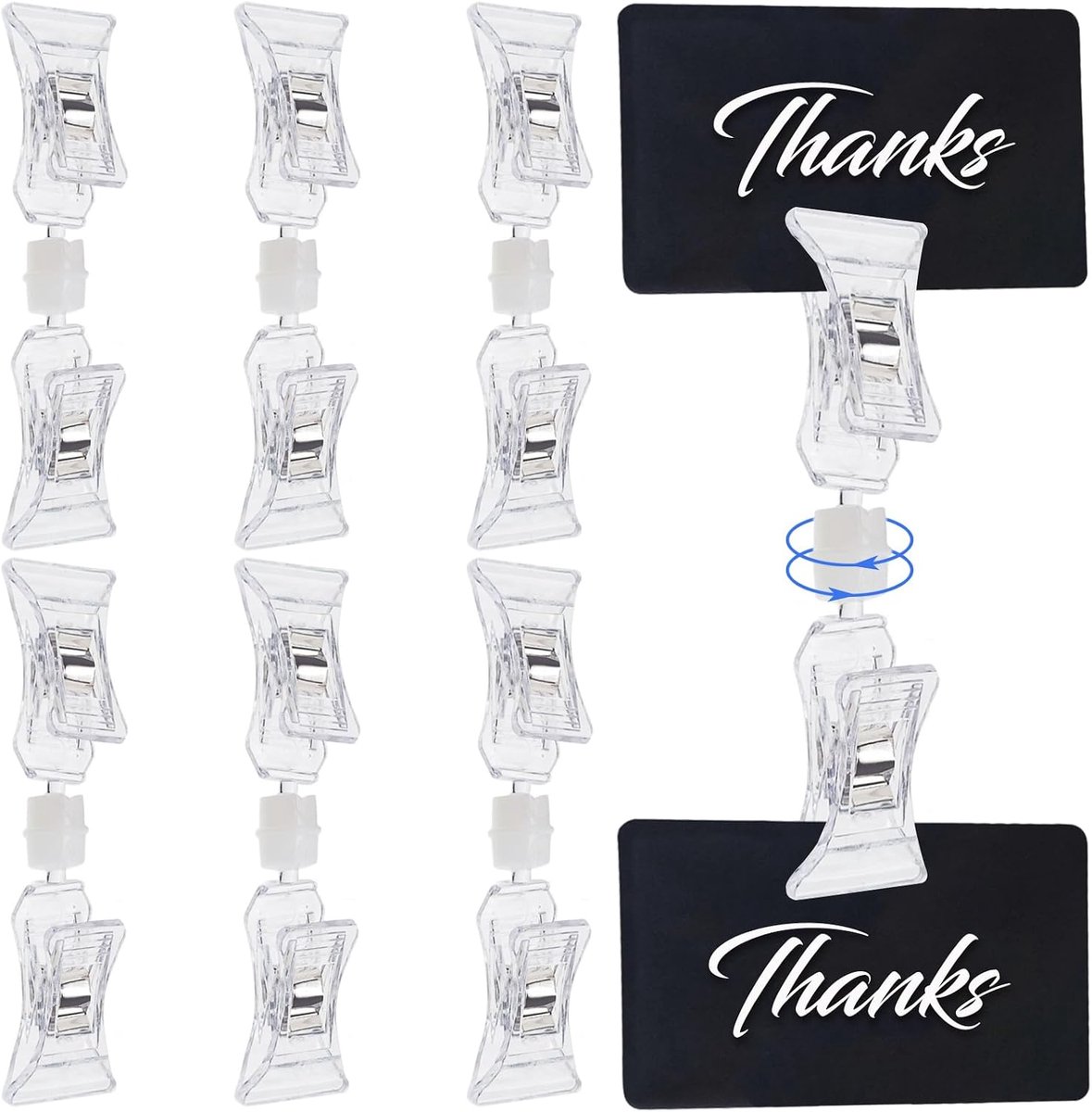 Bordhangers clips - 6 stuks dubbelzijdige prijsbordhouders, draaibare transparante dubbele labelclip fotohouder, clips voor het weergeven van visitekaartjes, vlooienmarktnotitiehouder