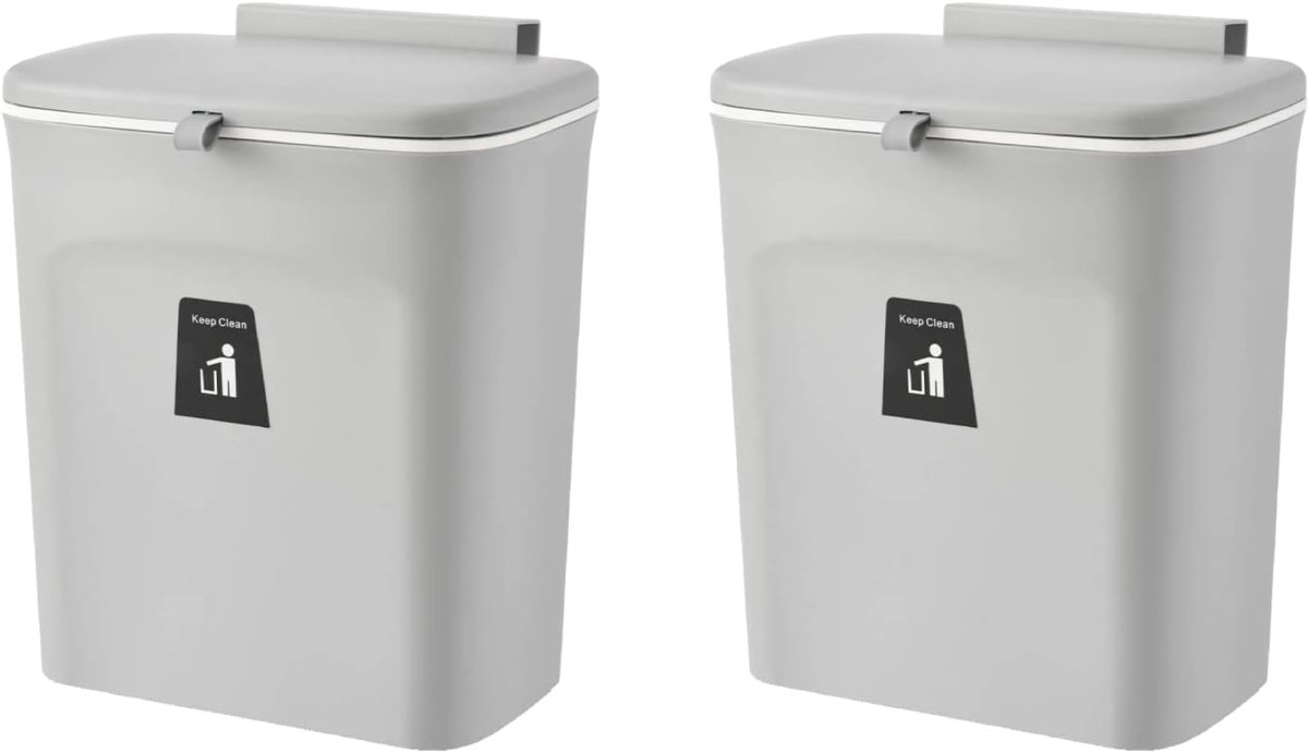 Compostemmer voor keuken, vuilnisemmer keuken 9 liter voor aanrecht of onder de gootsteen, hangende kleine vuilnisemmer met deksel voor keuken, badkamer en slaapkamer (grijs, set van 2)