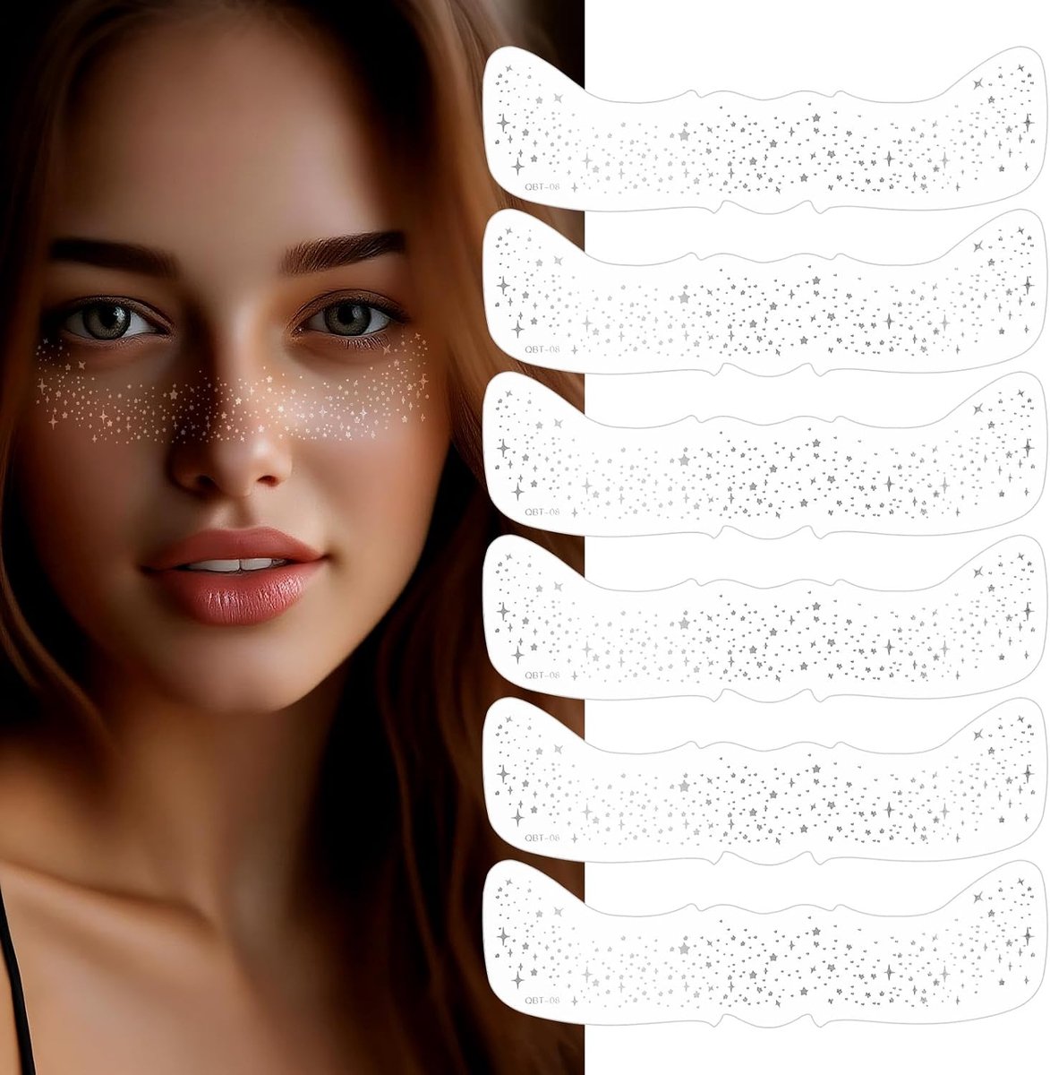 Glitter Gezichtssproeten Tattoo, 6 Stuks Zilveren Sterren en Stippen Tijdelijke Tatoeages, Festivalsproeten, Carnaval Make-up Stickers, Glittersproeten, Henna Sproeten Tattoo Folie