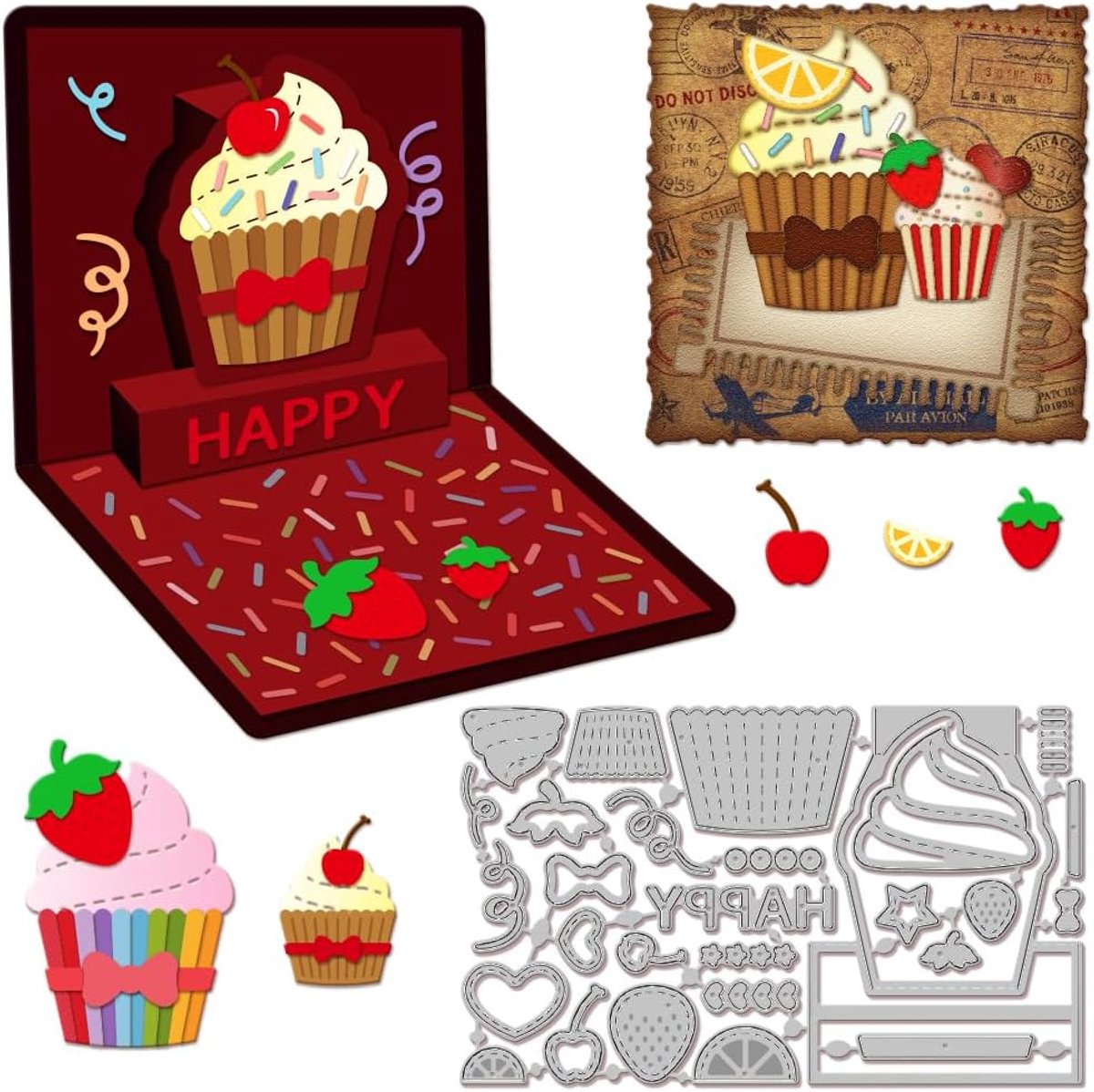 3D Cupcakes Metalen Stansvormen Cupcake Wenskaart Metalen Snijmal Verjaardagscupcakes Snijmal voor DIY Scrapbooking Fotoalbum Decoratief Embosseren Papieren Kaart