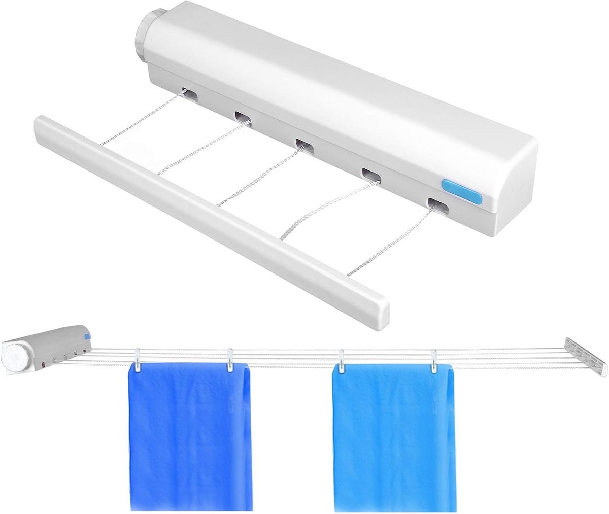 Waslijn, aan de Muur Gemonteerd, Zwaar Belastbaar Droogrek van 8 Kg, Waslijn met Veilig Slot voor Binnen, Buiten, Badkamer, Keuken, Balkon, Terras, Gebruik (vijf touwen)
