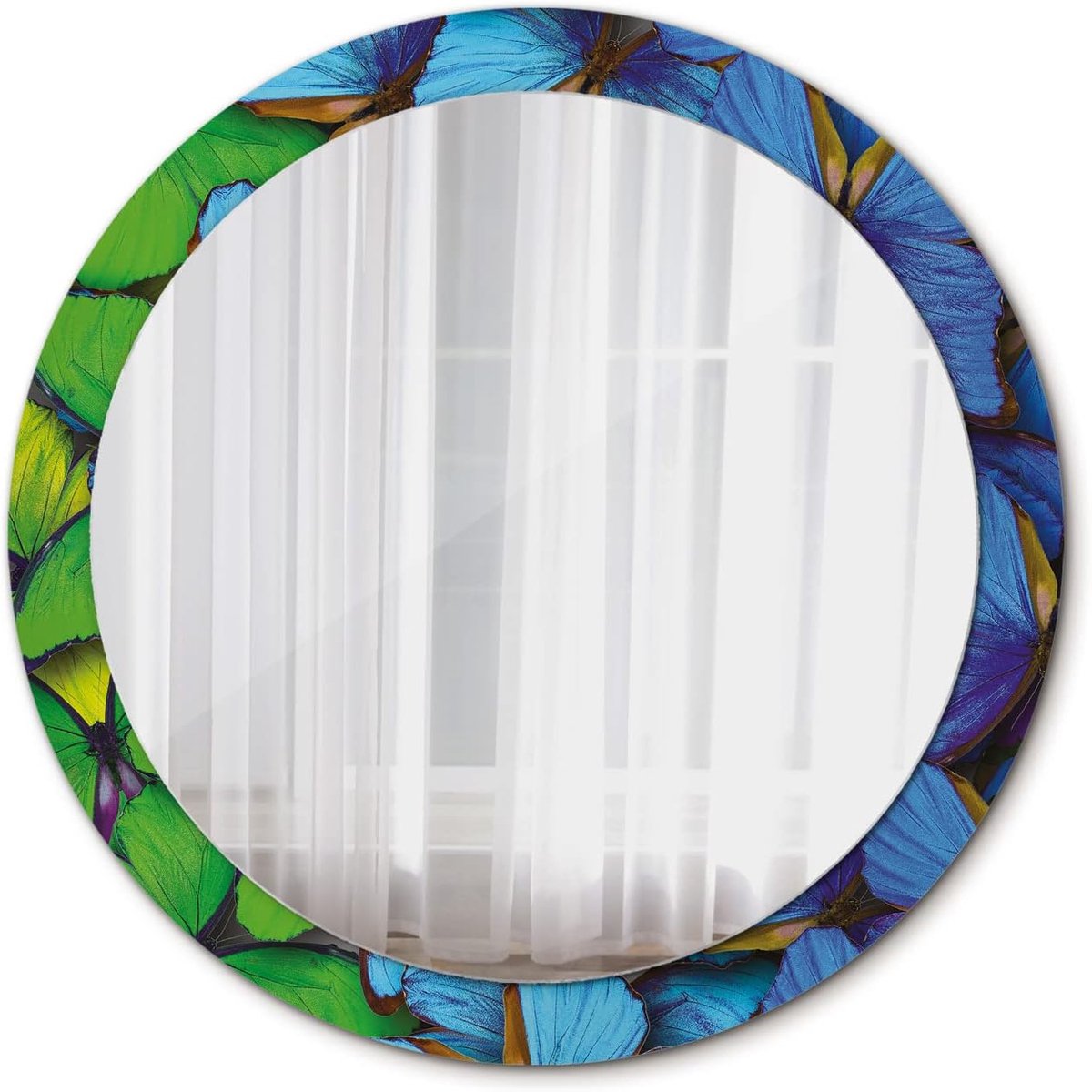 Modern Ø 90 cm Glas Interieur Decoratie Gedrukt Spiegel Ronde Hangende Spiegel DIY - Blauwe en groene vlinder