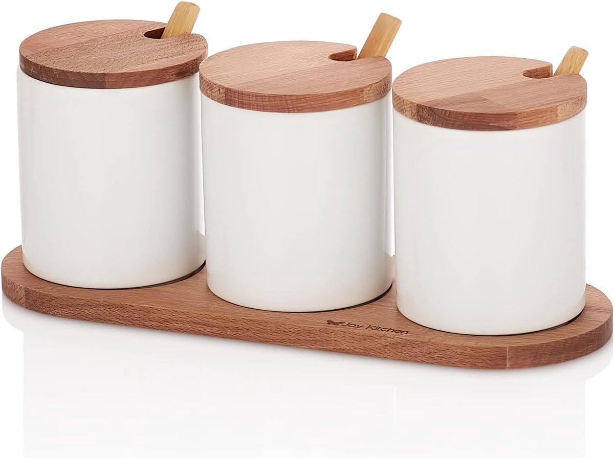 kruidenbakjes set van 3 - 100 x 270 x 95 mm - porseleinen opbergbakken - luchtdichte sluiting met houten deksels - SnelShoppen
