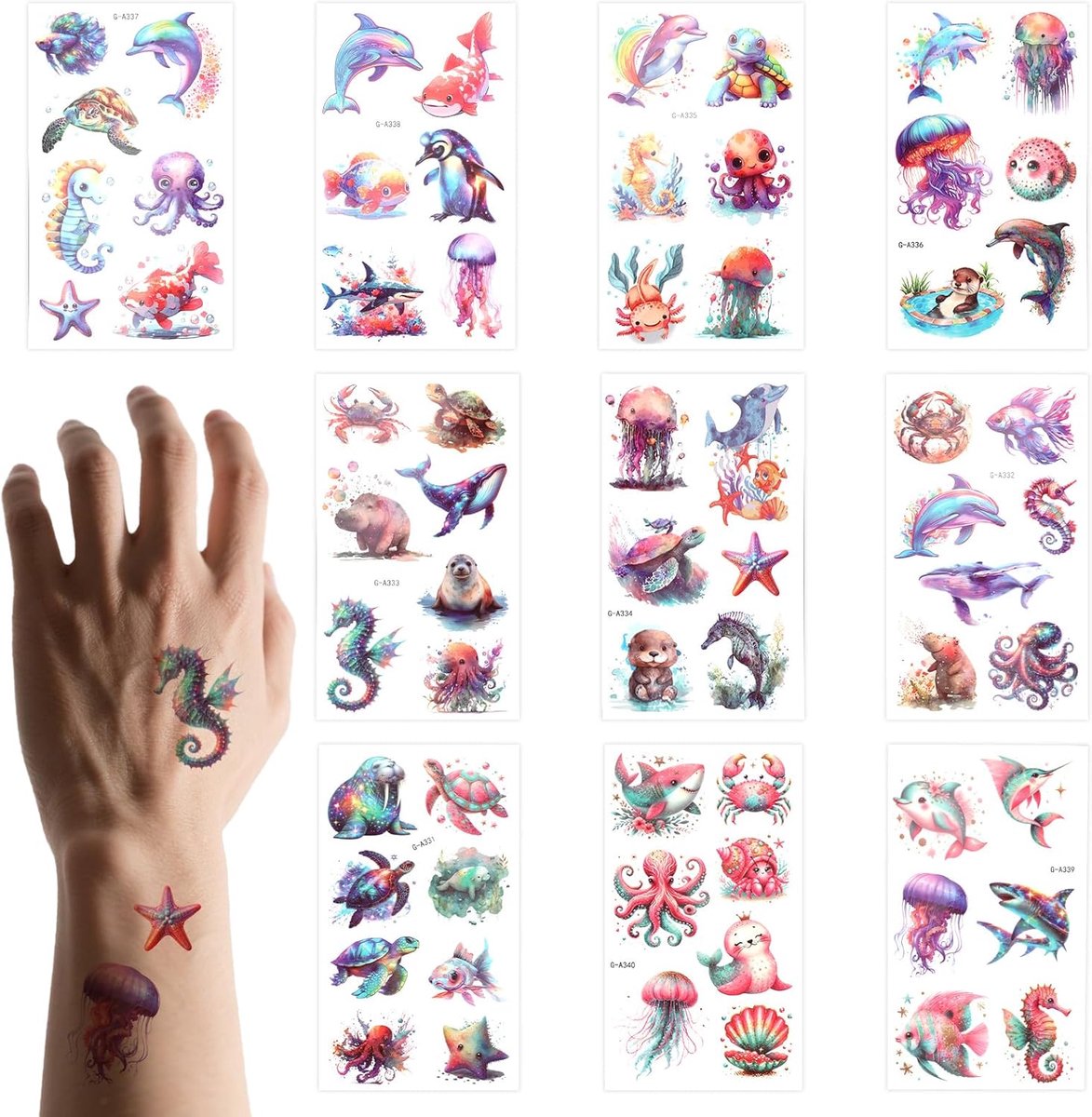 Tijdelijke Tatoeages Zeedieren, Waterbestendige Tatoeagestickers Waterverf Zeedieren Kinderen Jongens Meisjes Volwassenen Armen Schouders Decoratiebenodigdheden Verjaardagsfeestjes